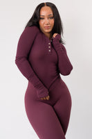 Vitality Easy Rib Henley Top - Wine