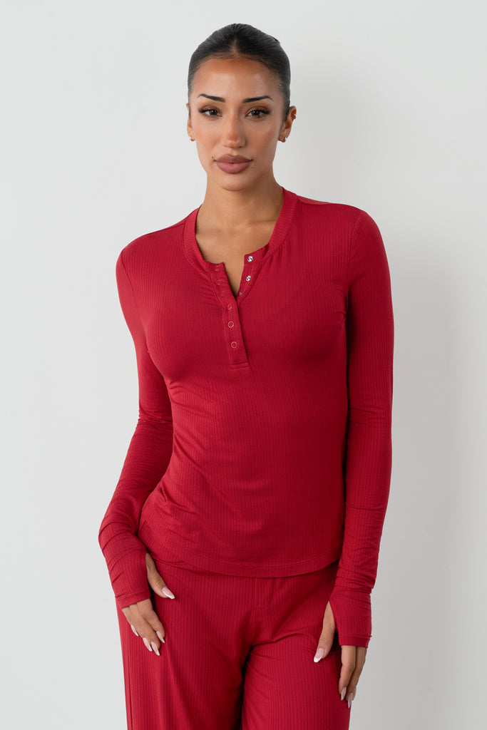 Vitality Float Rib Henley Top - Crimson
