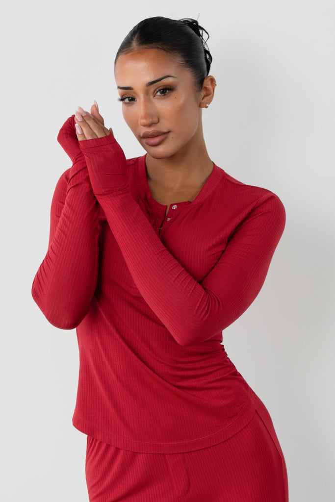 Vitality Float Rib Henley Top - Crimson