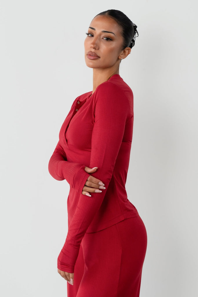 Vitality Float Rib Henley Top - Crimson