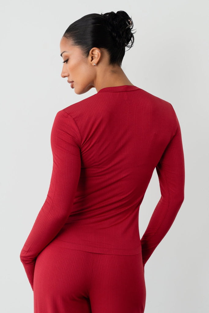 Vitality Float Rib Henley Top - Crimson