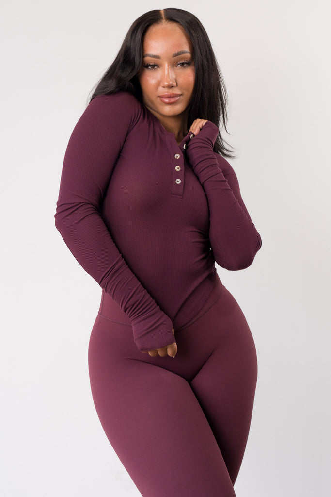 Vitality Easy Rib Henley Top - Wine