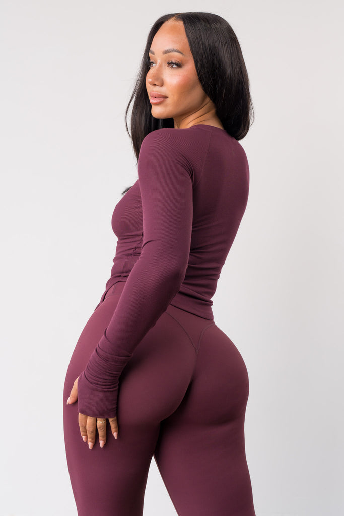 Vitality Easy Rib Henley Top - Wine