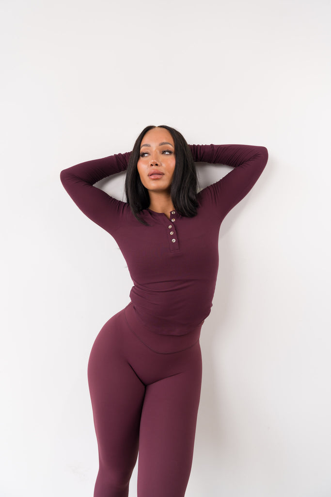Vitality Easy Rib Henley Top - Wine