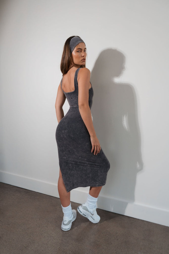 Cloud II Rib Basic Midi Dress - Iron Washed Vitality Athletic Apparel Cloud II Rib Basic Midi Dress - Iron Washed Vitality Athletic Apparel