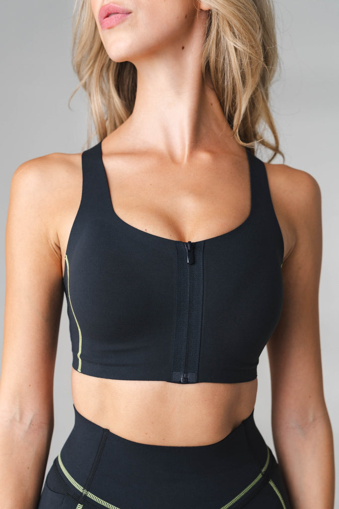 Vitality Activate Zip Bra - Women's Black Sports Bra with Lime