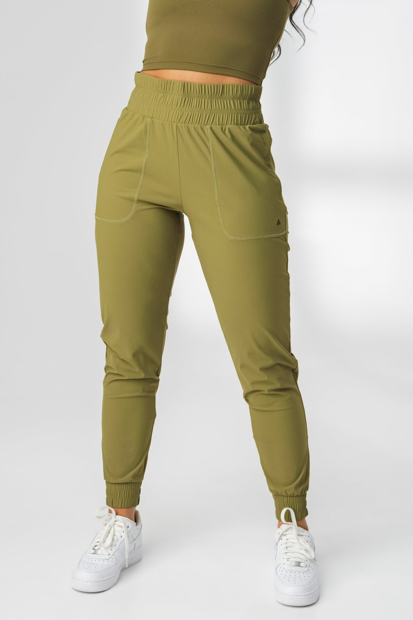 Olive Sporty Full Elastic Logo Waist Petite Jogger Pants 7378P